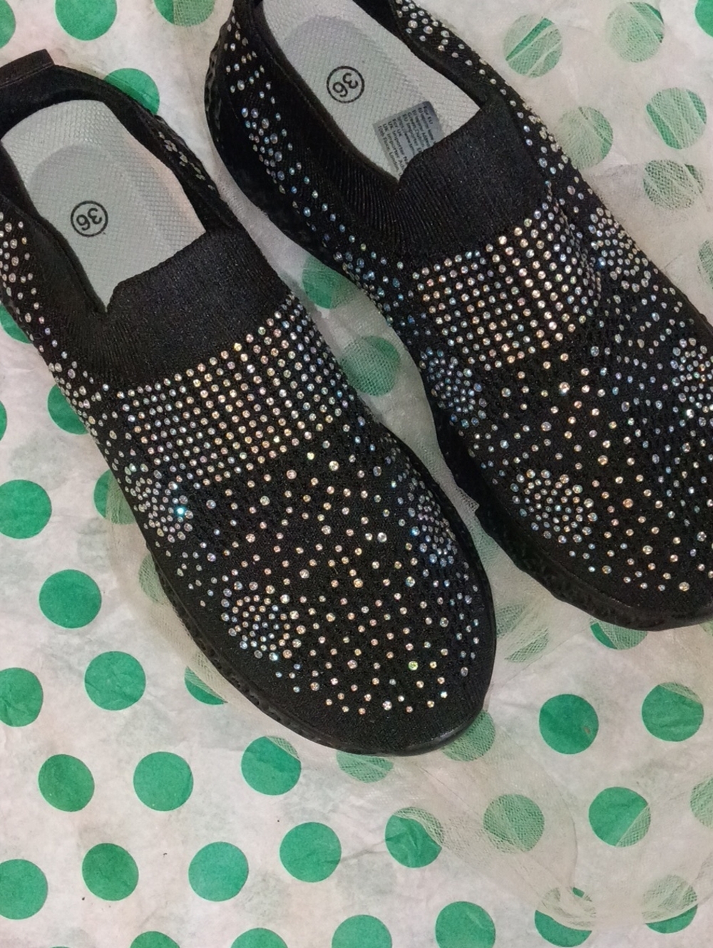 Black Rhinestone Knit Slip-On Women's Shoes
